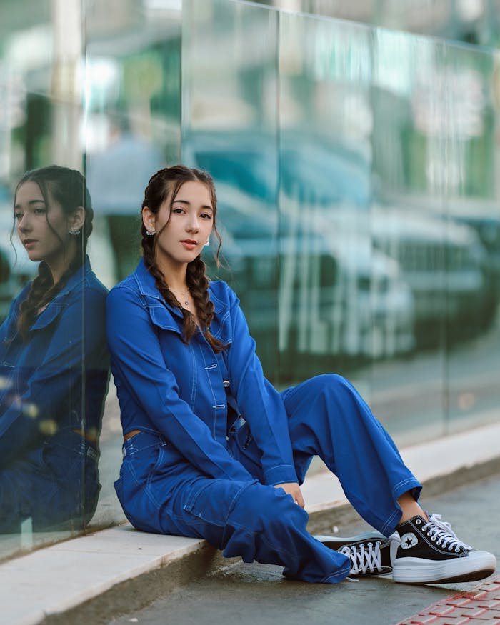 Stylish young woman in blue denim outfit sitting on sidewalk with glass wall reflection.